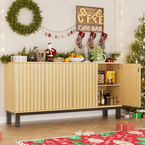 English Elm Sideboard Fluted Credenza with Soft Close Doors Walnut Finish Mid Century Storage T3773P417322