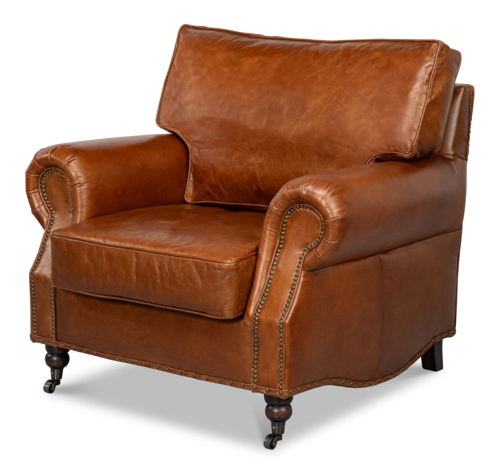Sarreid Papa's Chair - Vintage Havana Leather With Elegant Nailhead Trim For A Timeless Home Accent Brown  29761