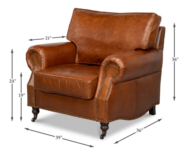 Sarreid Papa's Chair - Vintage Havana Leather With Elegant Nailhead Trim For A Timeless Home Accent Brown  29761