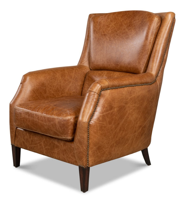 Sarreid Baker Arm Chair - Luxurious Cuba Brown Leather With Elegant Wood Accents For Timeless Comfort Brown  29766