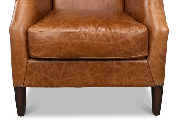 Sarreid Baker Arm Chair - Luxurious Cuba Brown Leather With Elegant Wood Accents For Timeless Comfort Brown  29766