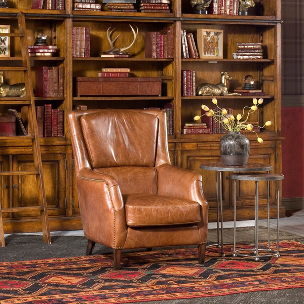 Sarreid Baker Arm Chair - Luxurious Cuba Brown Leather With Elegant Wood Accents For Timeless Comfort Brown  29766
