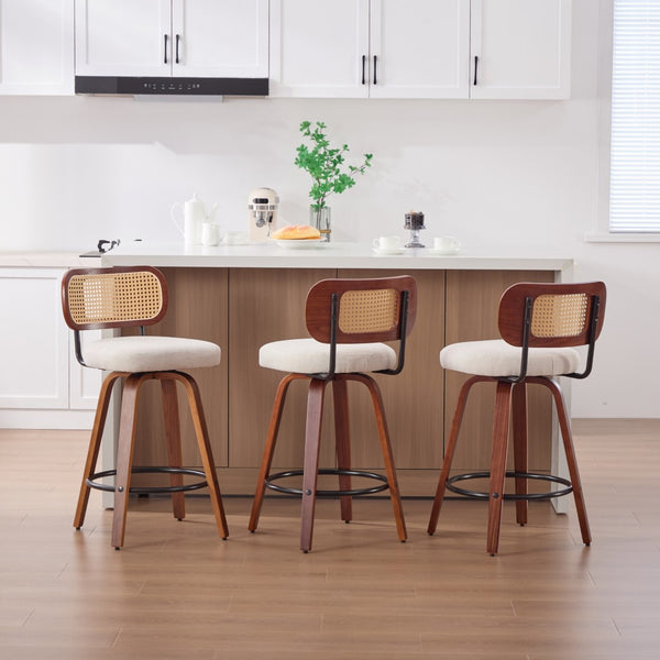 English Elm Set of 2 Swivel Counter Stools Walnut Frame Rattan Back Linen Seat Kitchen Island Beige W1143P392163