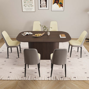 English Elm 63 Inch Mdf Dining Table Set with Six Pu Upholstered Chairs and Black Metal Legs Beige+Brown,Grey W2189S00864
