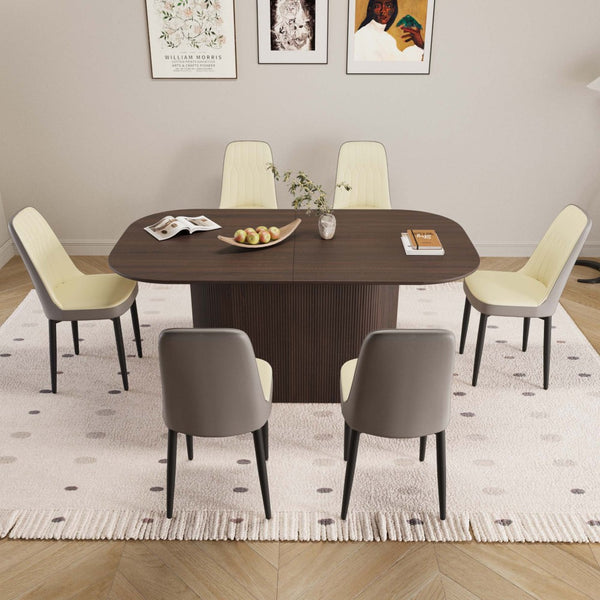 English Elm 63 Inch Mdf Dining Table Set with Six Pu Upholstered Chairs and Black Metal Legs Beige+Brown,Grey W2189S00864