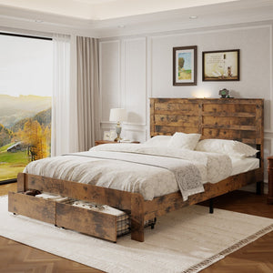 English Elm Queen-size Storage Bed Weathered Wood Platform Frame with Usb Charging Headboard W636P430769
