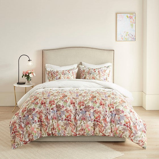 English Elm King/Cal King/Cal Mariana 3 Piece Cotton Printed Duvet Cover Set - Watercolor Floral, OEKO-TEX, Button Closure, Machine Washable B03597346