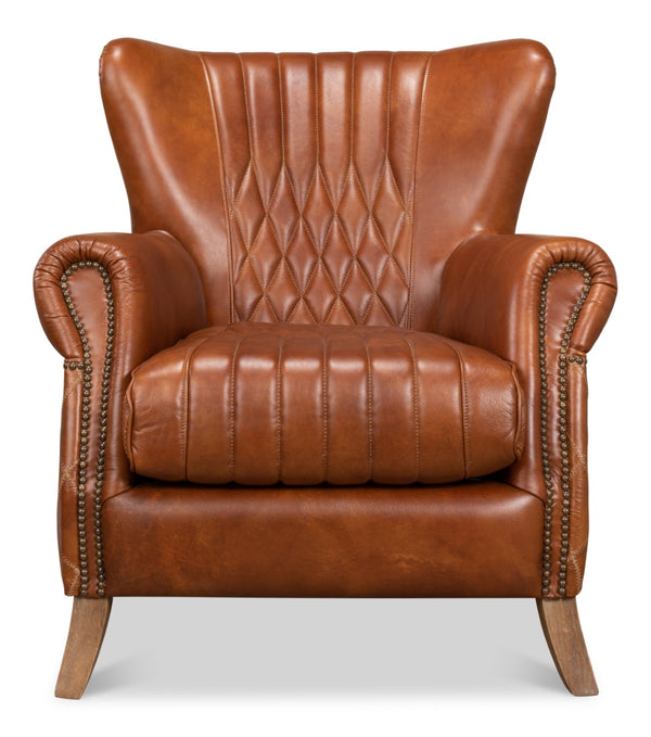 Sarreid Bugatti Arm Chair - Luxurious Brown Leather With Elegant Nailhead Trim And Sturdy Wooden Frame Brown  29773