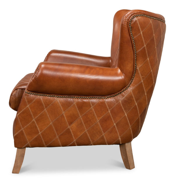 Sarreid Bugatti Arm Chair - Luxurious Brown Leather With Elegant Nailhead Trim And Sturdy Wooden Frame Brown  29773