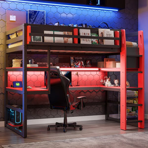English Elm Twin Loft Bed with Rgb Lighting Usb Ports Wraparound Shelves and Gaming Desk Red LT000298AAJ