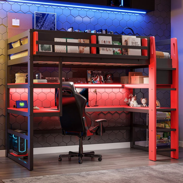 English Elm Twin Loft Bed with Rgb Lighting Usb Ports Wraparound Shelves and Gaming Desk Red LT000298AAJ
