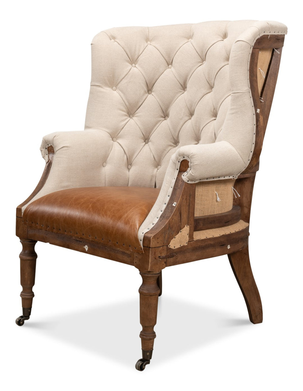 Sarreid Welsh Chair - Luxurious Cuba Brown Leather With Elegant Wood, Linen, And Burlap Accents For Style Brown  29780