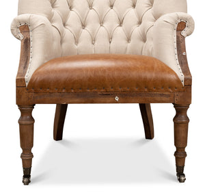 Sarreid Welsh Chair - Luxurious Cuba Brown Leather With Elegant Wood, Linen, And Burlap Accents For Style Brown  29780