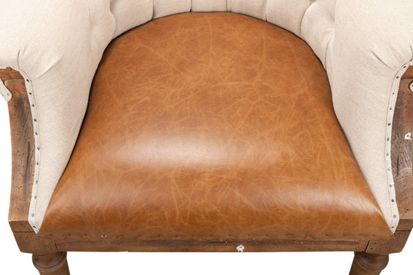 Sarreid Welsh Chair - Luxurious Cuba Brown Leather With Elegant Wood, Linen, And Burlap Accents For Style Brown  29780