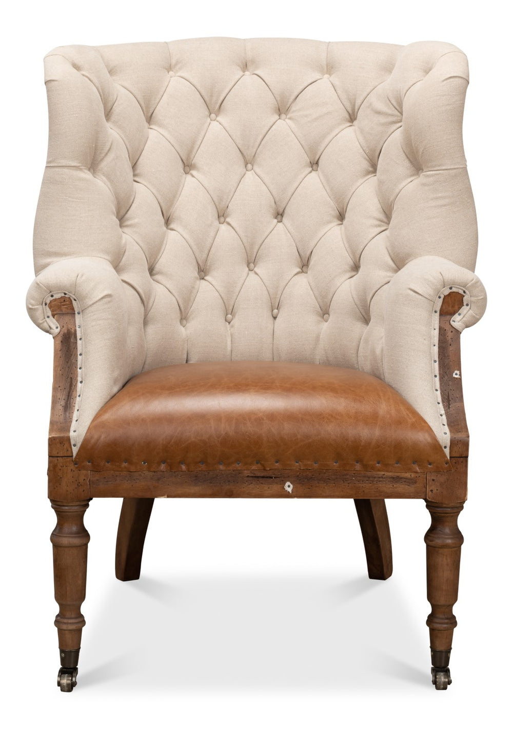 Sarreid Welsh Chair - Luxurious Cuba Brown Leather With Elegant Wood, Linen, And Burlap Accents For Style Brown  29780