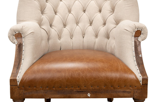 Sarreid Welsh Chair - Luxurious Cuba Brown Leather With Elegant Wood, Linen, And Burlap Accents For Style Brown  29780