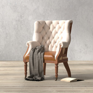 Sarreid Welsh Chair - Luxurious Cuba Brown Leather With Elegant Wood, Linen, And Burlap Accents For Style Brown  29780
