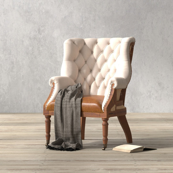 Sarreid Welsh Chair - Luxurious Cuba Brown Leather With Elegant Wood, Linen, And Burlap Accents For Style Brown  29780
