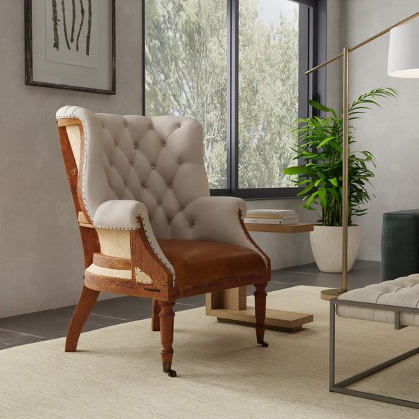 Sarreid Welsh Chair - Luxurious Cuba Brown Leather With Elegant Wood, Linen, And Burlap Accents For Style Brown  29780