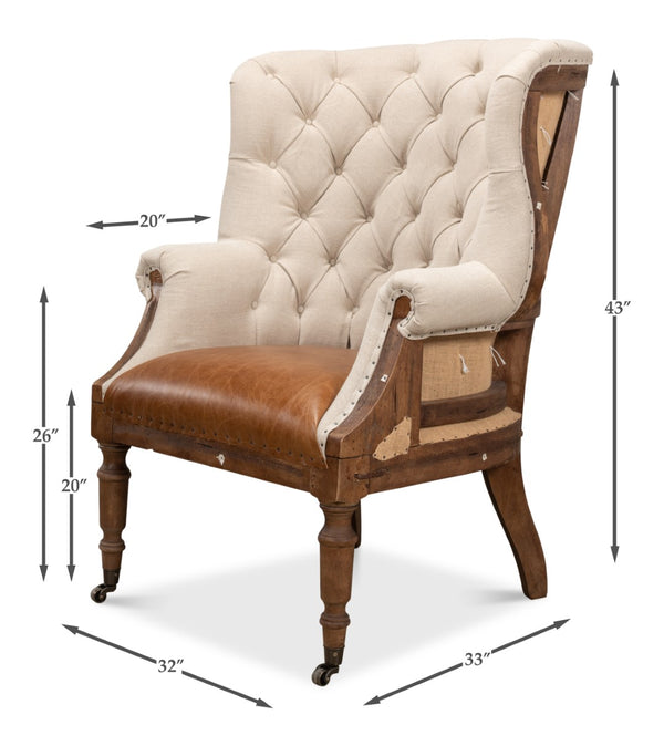 Sarreid Welsh Chair - Luxurious Cuba Brown Leather With Elegant Wood, Linen, And Burlap Accents For Style Brown  29780