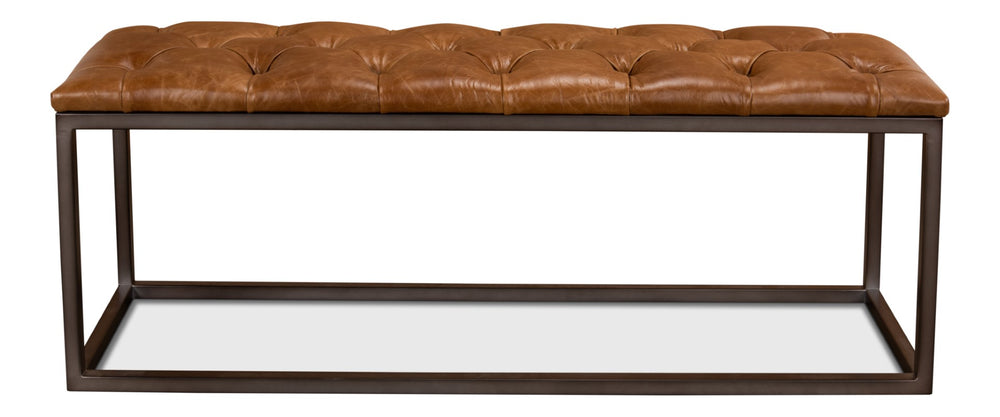 Sarreid Cologne Brown Leather Long Stool - Stylish Metal Frame For Modern Decor & Comfortable Seating Tan  29785