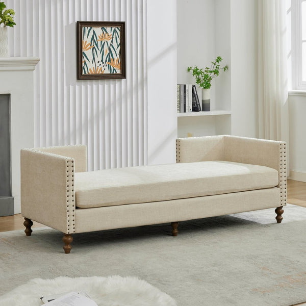 English Elm 75.2'' Chenille Upholstered Daybed Chaise with Nailhead Trim and Rubberwood Legs Beige W3188S00056