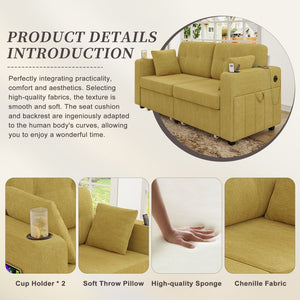 English Elm Sofas for Living Room Chenille Three Seat Couch with Usb Charging Storage and Cup Holder Mustard Yellow W395S00145