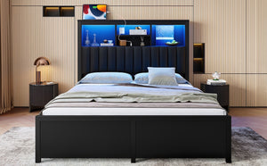 English Elm Queen Storage Bed Frame with Led Lighting Charging Station and Four Under Drawers W1670S00030