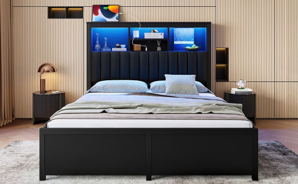English Elm Queen Storage Bed Frame with Led Lighting Charging Station and Four Under Drawers W1670S00031