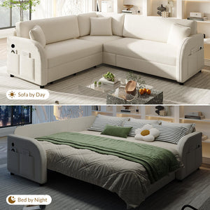 English Elm 85.1" Teddy Plush L-shaped Sectional Sleeper Sofa with Usb Ports and Pull Out Bed Beige+White W1885S00319