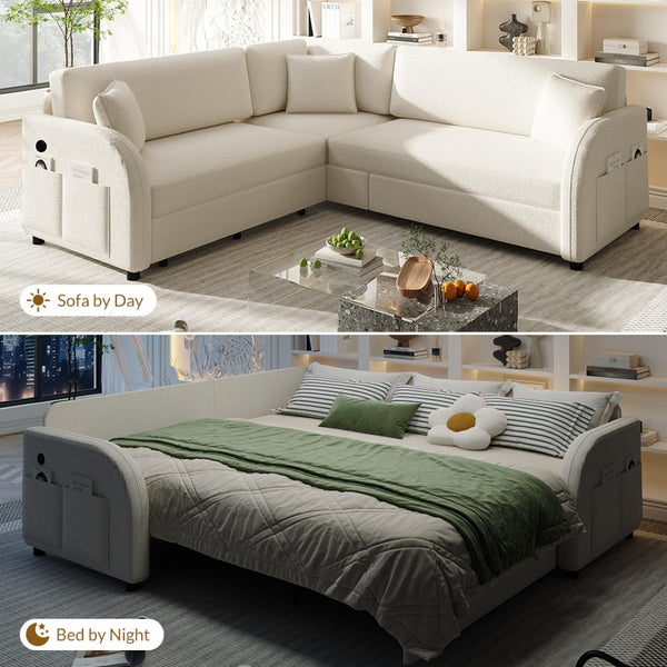 English Elm 85.1" Teddy Plush L-shaped Sectional Sleeper Sofa with Usb Ports and Pull Out Bed Beige+White W1885S00319