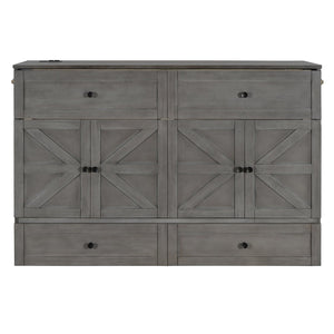 English Elm Queen Murphy Wall Bed with Usb Ports Storage Drawers and Cabinet Style Panel Front Gray N708S00006AAE