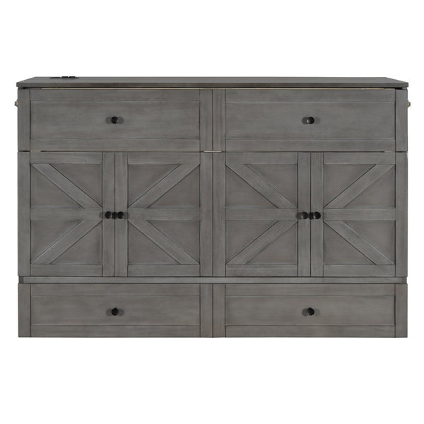 English Elm Queen Murphy Wall Bed with Usb Ports Storage Drawers and Cabinet Style Panel Front Gray N708S00006AAE