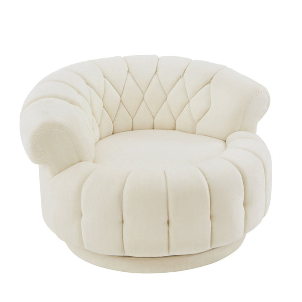 English Elm Swivel Barrel Accent Chair Chenille Tufted Round Club Seat for Living Room Lounge Beige N719S002280A
