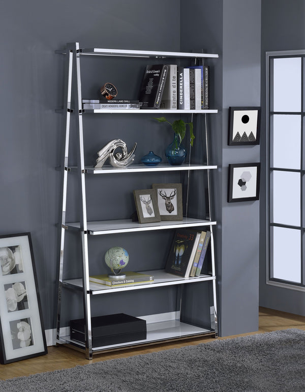 English Elm Coleen Modern White High Gloss Bookshelf with Chrome Frame, 6 Fixed Shelves, MDF Veneer Durable Storage B2726S00452