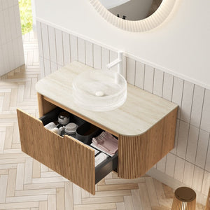 English Elm Dina Floating Bathroom Vanity Sintered Stone Top Glass Basin Striped Plywood Cabinet W2615S00351