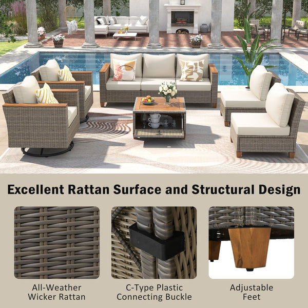 English Elm K&K 8-Piece Wicker Patio Set with 360° Swivel Rockers, Acacia Storage Table, Durable Cushions Beige+Brown N707S000016Z
