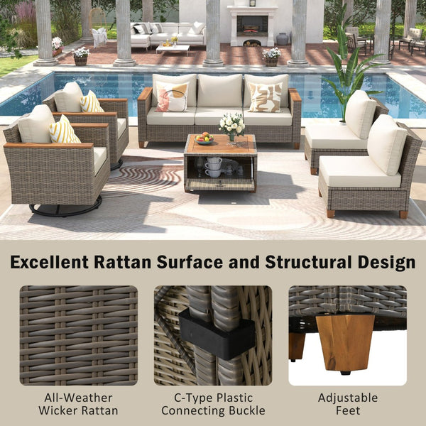 English Elm K&k 8 Piece Outdoor Wicker Sectional Set with Swivel Rockers and Acacia Storage Table Beige+Brown N707S005016Z
