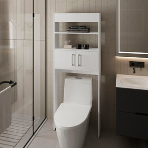 English Elm Over Jozz Toilet Cabinet White - Space-Saving 24.56" W x 8" D x 63" H Engineered Wood, Modern Durable Design B092P309167