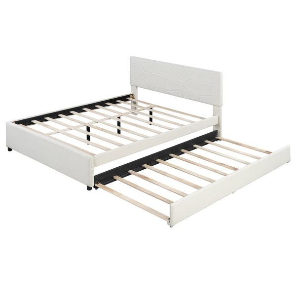 English Elm Queen Linen Upholstered Platform Bed with Brick Textured Headboard and Pull Out Trundle SF000004AAA-1