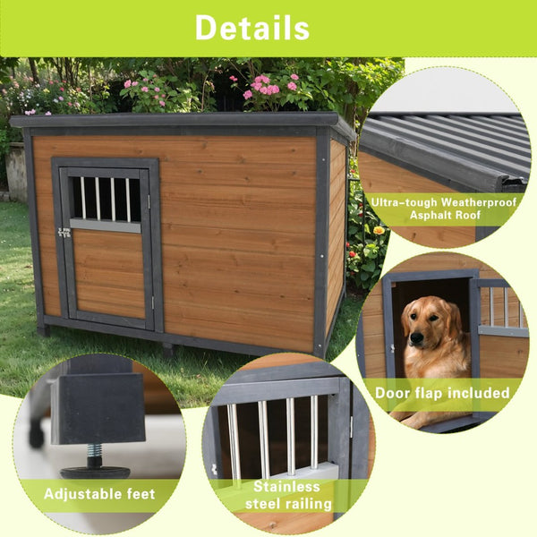 English Elm 45"large Solid Wood Outdoor Dog House with Pvc Roof Elevated Floor and Ventilation Windows W1431P166718