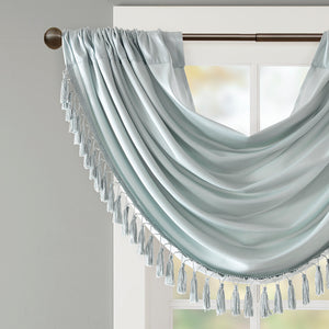 JLA Home Madison Park - Faux Silk Waterfall Valance with Tassel Trim, Lined Rod-Pocket Design for Hotel-Quality Window Styling Dusty Aqua MP41-4961