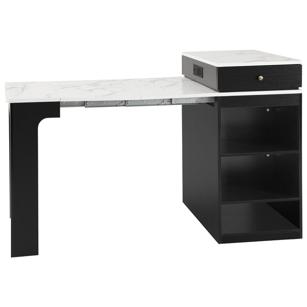 English Elm K&K Modern Extendable 59.5" Kitchen Island with Double-Sided Storage, Power Outlet & Casters Black N707S000017B