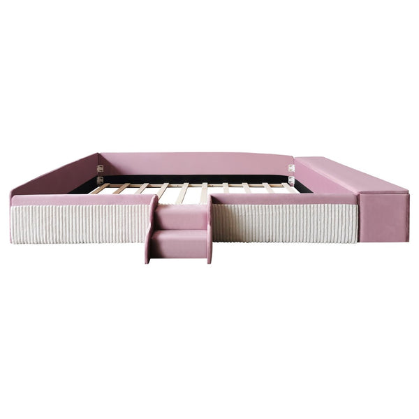English Elm Queen Velvet Daybed with Built-in Stairs Gas Lift Storage and Padded Safety Rails Pink+White SF000203AAH