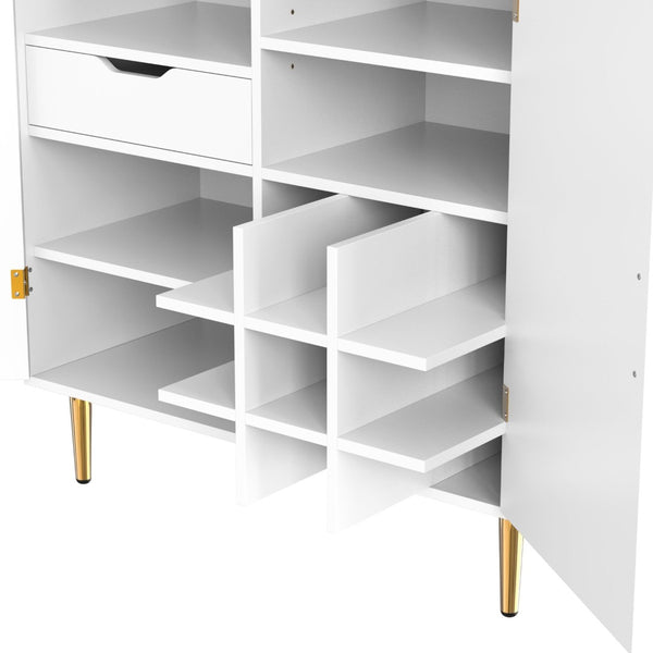 English Elm Modern Fluted Bar Cabinet with Wine Rack Glass Holders Adjustable Shelving and Hidden Drawer White N728P438606W