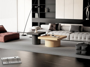 English Elm Modern Parquet Wood Nesting Coffee Tables Sculptural Fluted Pedestal Living Room Set Black+Natural W1435S00033