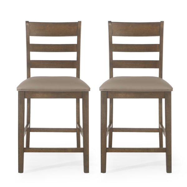 English Elm Christopher Knight Home® - Farmhouse Upholstered Wood Counter Stools Set of 2 — Rustic Ladderback PU Seats, Rubberwood Frame, Cozy Comfort Brown 69005.00ABRN