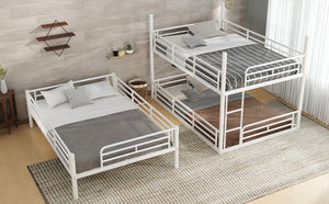 English Elm Twin Triple Metal Bunk Bed Matte Powder Coated Frame with Full Safety Guardrails Light White W1580S00581