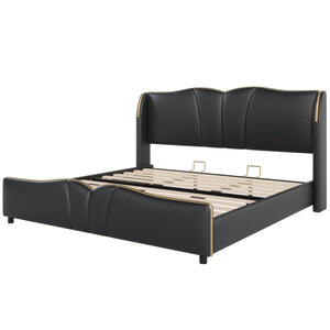 English Elm Christopher Knight Home® - King PU Leather Bed Frame with Wingback Headboard & Footboard, Gold Accents, Platform Slat Support, Elegant Design Black 85 L x 10 W x 3.25 H N761S0000017B