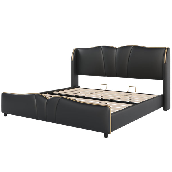 English Elm Christopher Knight Home® - King PU Leather Bed Frame with Wingback Headboard & Footboard, Gold Accents, Platform Slat Support, Elegant Design Black 85 L x 10 W x 3.25 H N761S0000017B